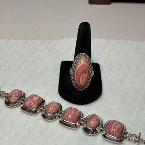 Sterling Silver Pink Rhodochrosite Ring and Bracelet Set